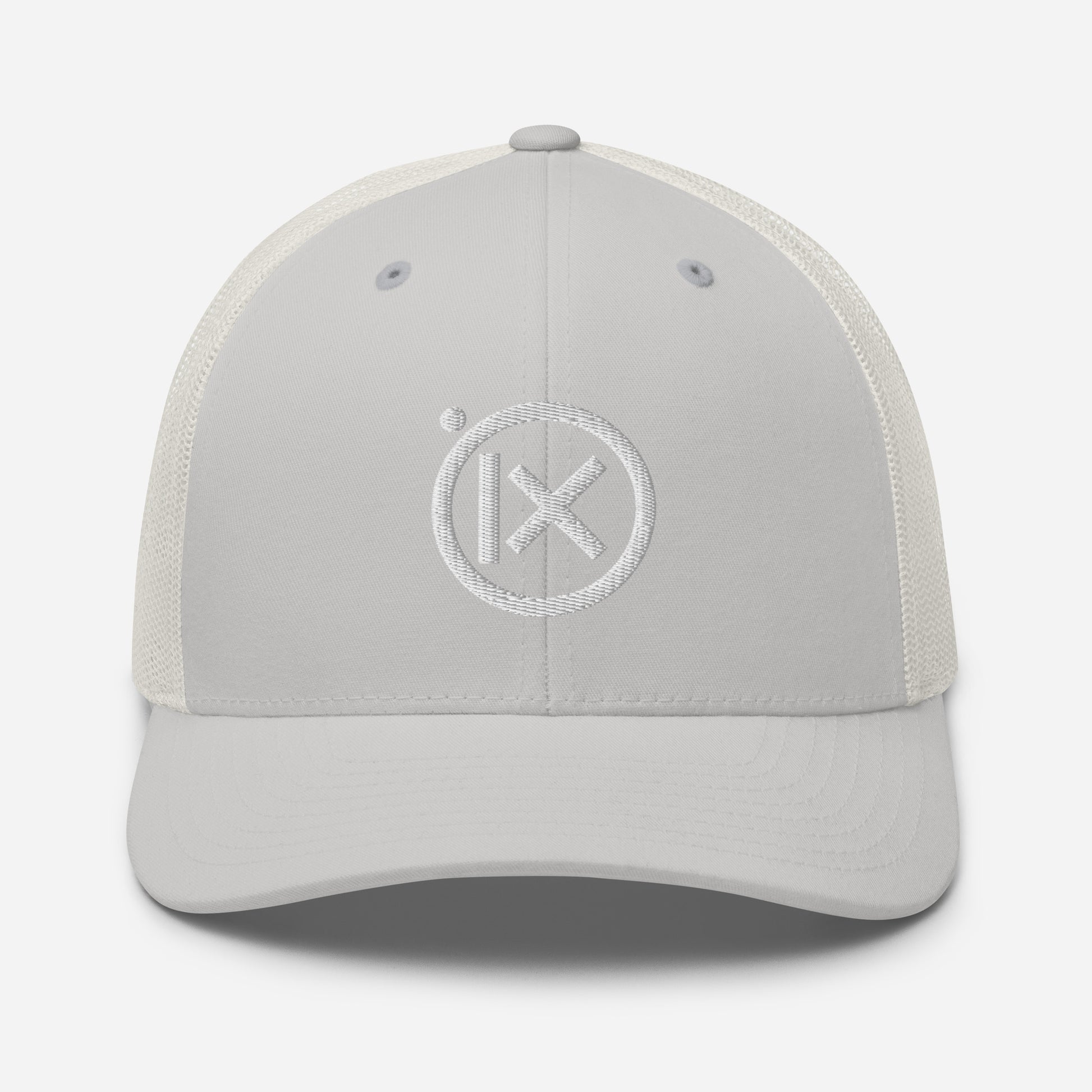 Trucker snapback cap, light crown and white mesh back, circular white logo