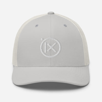 Trucker snapback cap, light crown and white mesh back, circular white logo