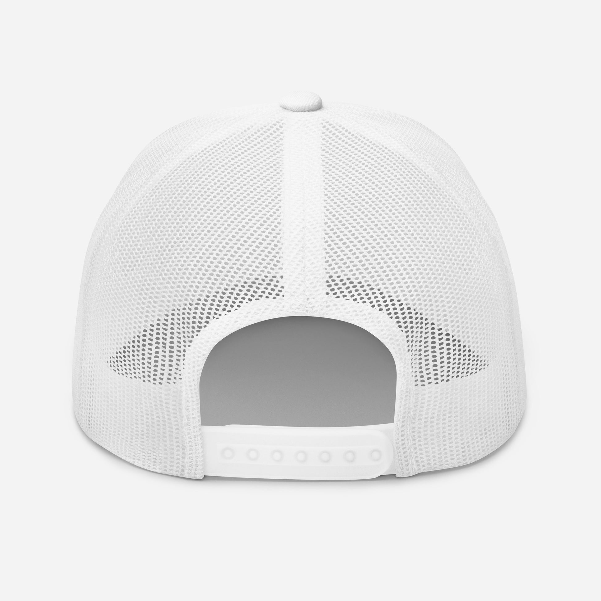 White mesh trucker snapback cap, plain front, adjustable back strap