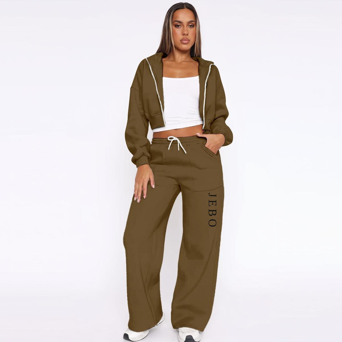 Women’s fleece tracksuit in olive: zip hoodie with hood and drawstring wide-leg pants.