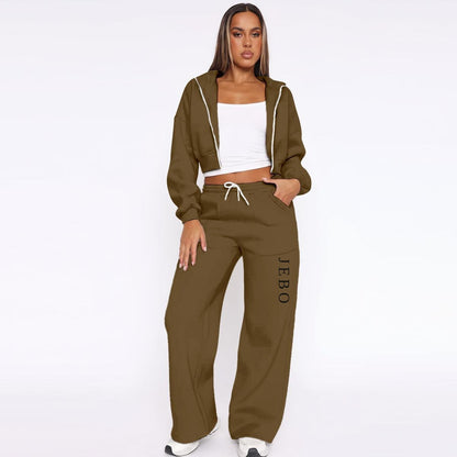 Women’s fleece tracksuit in olive: zip hoodie with hood and drawstring wide-leg pants.
