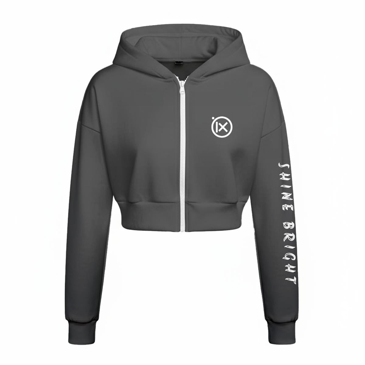 Black zip-up fleece hoodie with hood, front logo badge and sleeve vertical text print.