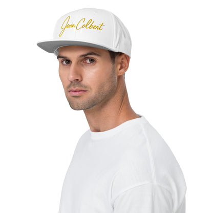 Jevin Colbert snapback cap, white crown with yellow script logo