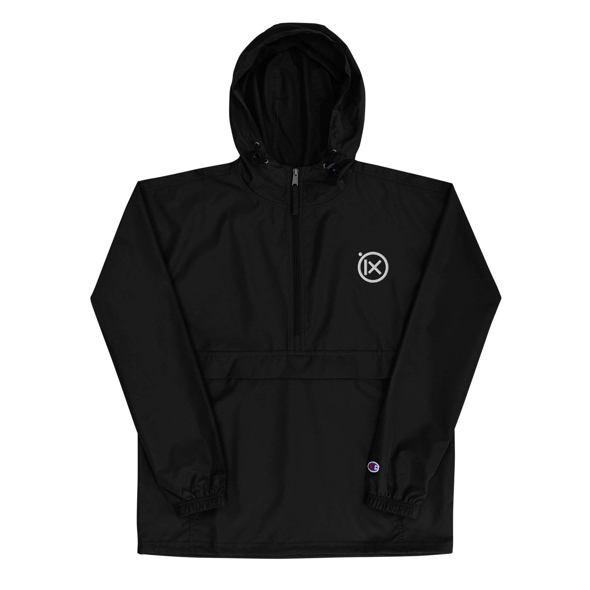 JEBO anorak windbreaker in black with hood, front zipper, and logo patch