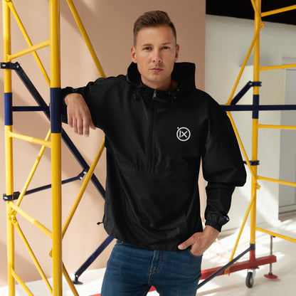 Black anorak windbreaker worn with hood and front zipper