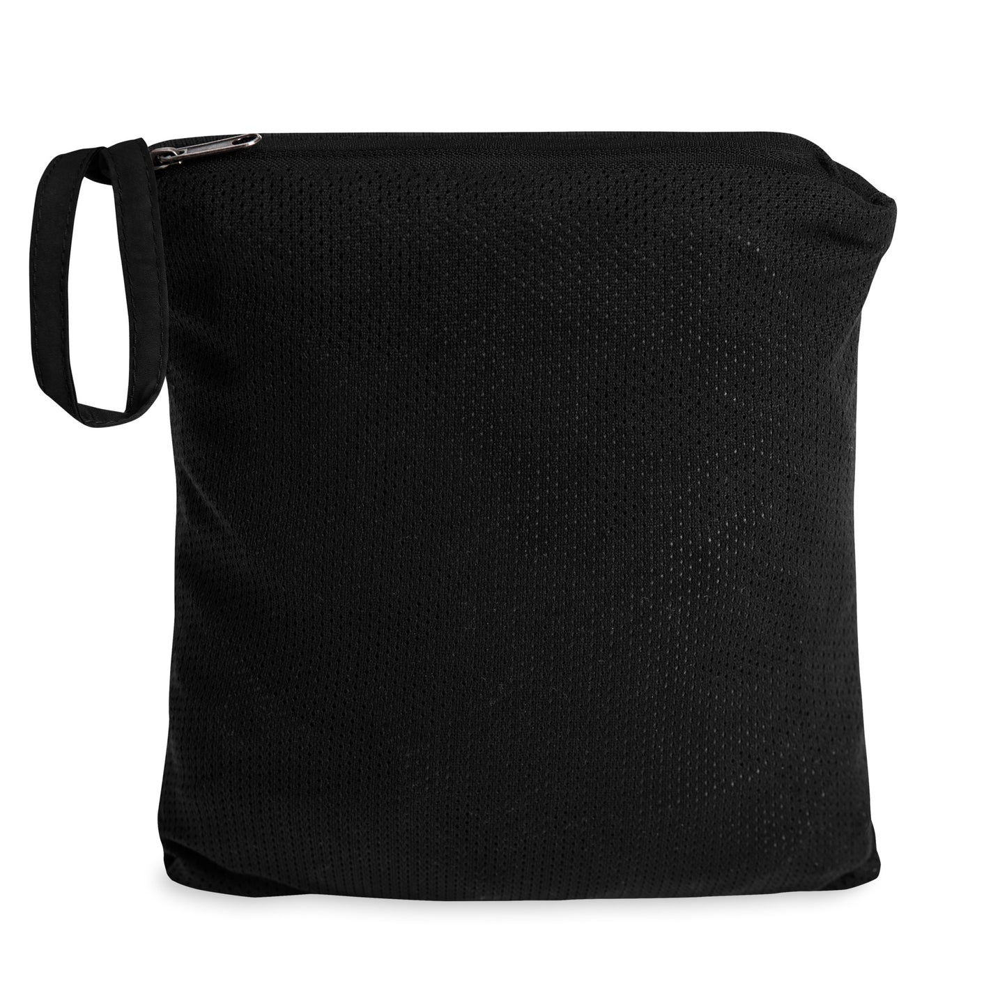 Black mesh carry bag with wrist strap and zipper closure