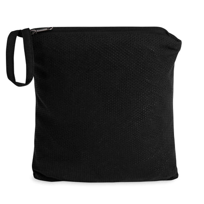Black mesh carry bag with wrist strap and zipper closure