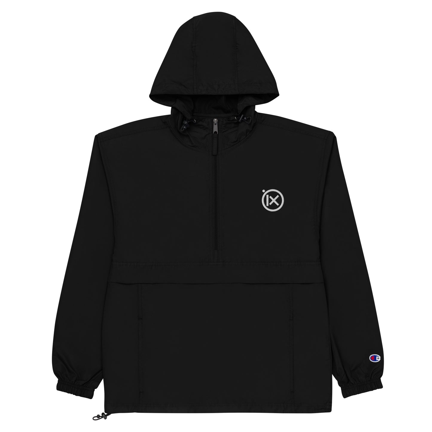 Hooded anorak windbreaker in black with zip front and front logo patch