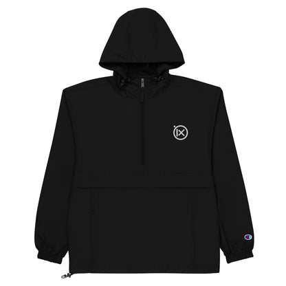 Hooded anorak windbreaker in black with zip front and front logo patch
