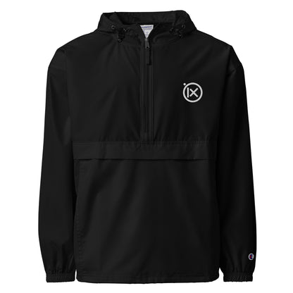 Black anorak windbreaker with hood, quarter-zip, and ix logo patch at chest.