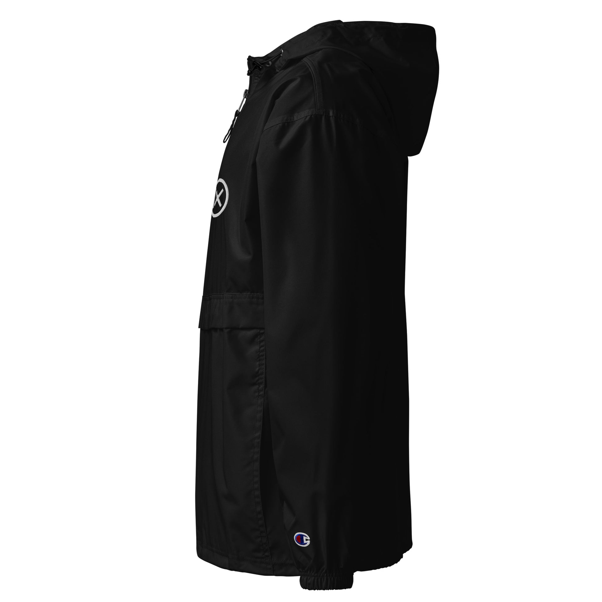 Black anorak windbreaker shown from the side with hood and small sleeve logo.