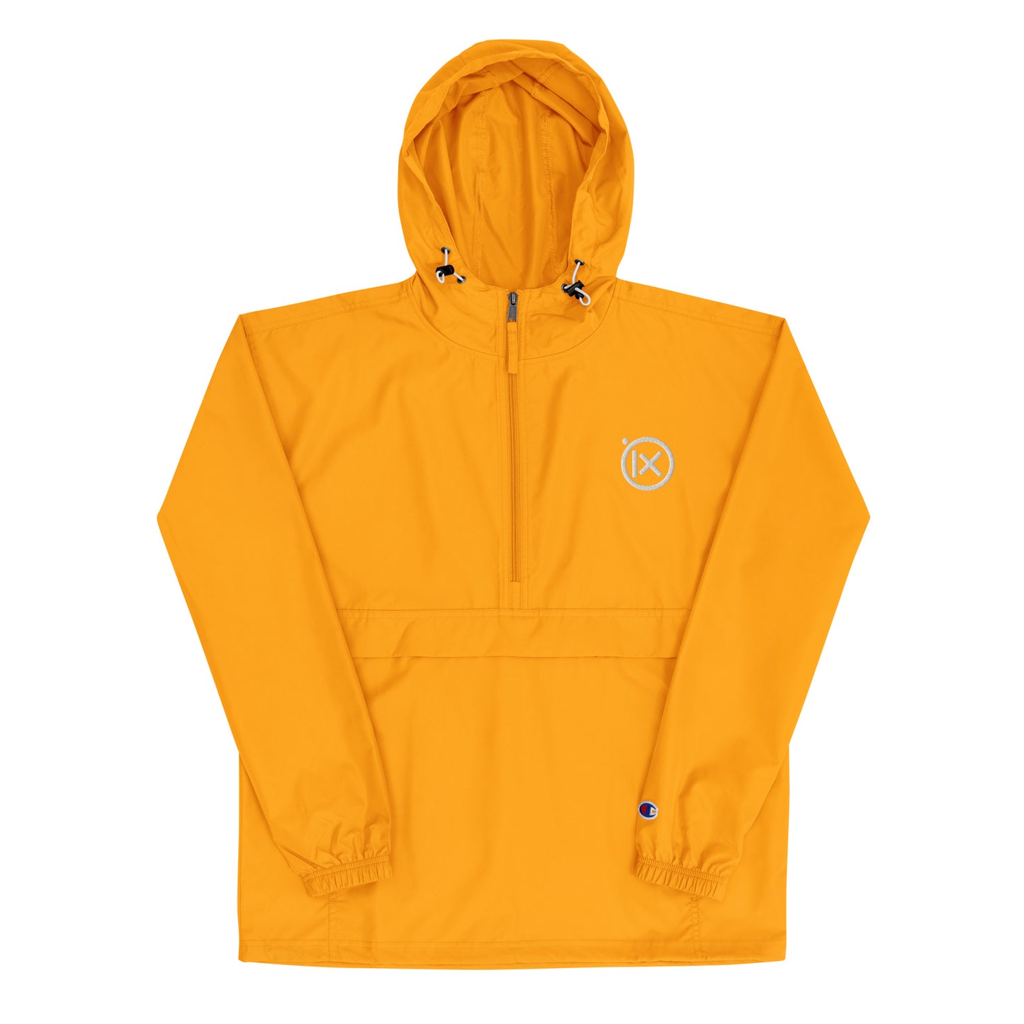 JEBO anorak windbreaker in gold with hood, front zipper, and logo patch