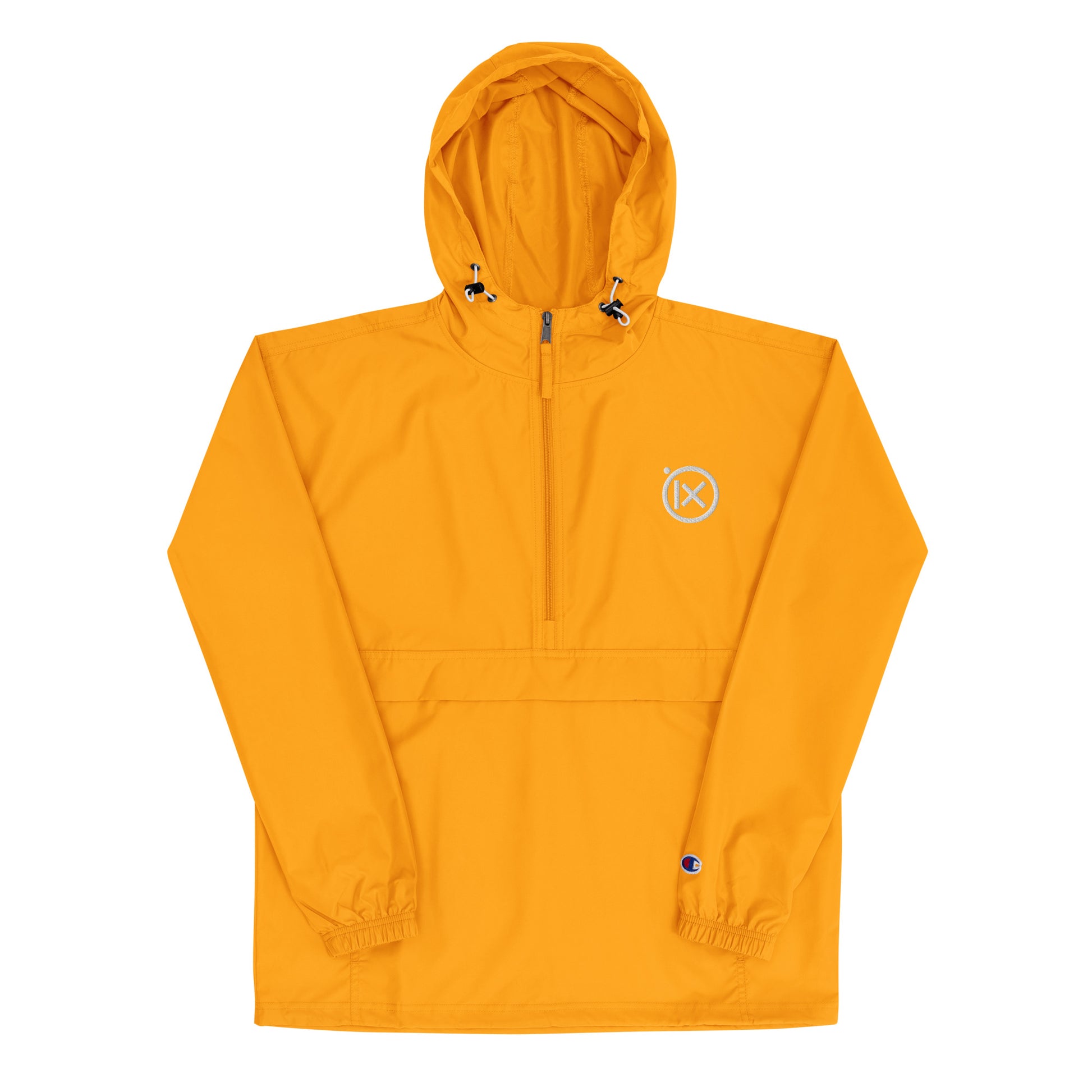 JEBO anorak windbreaker in gold with hood, front zipper, and logo patch