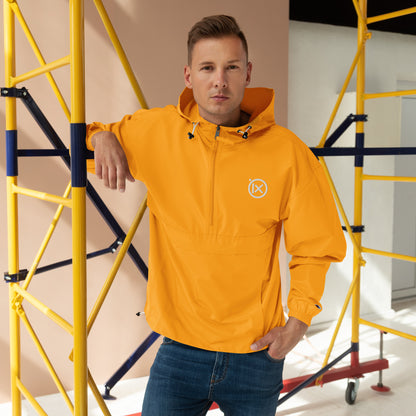 Hooded anorak windbreaker in orange with zip front and adjustable hood