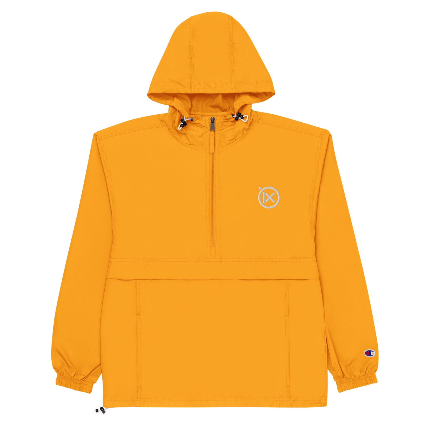 Hooded anorak windbreaker in gold with zip front and elastic cuffs