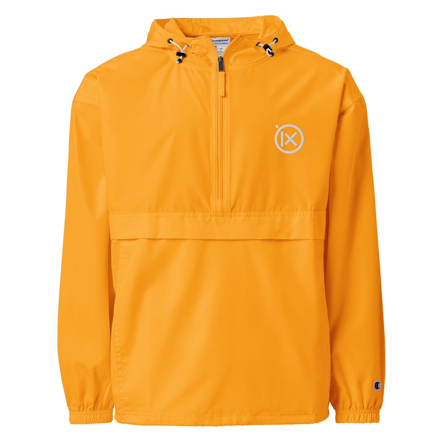 Gold anorak windbreaker with hood, quarter-zip, and ix logo patch at chest.