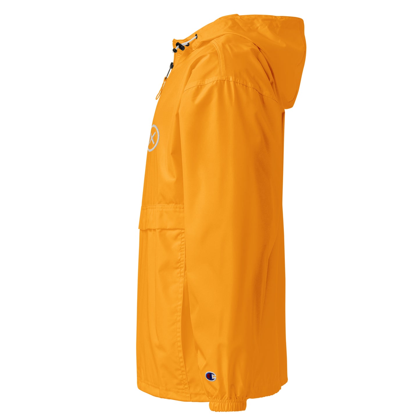 Gold anorak windbreaker with hood, half-zip front, and elastic cuff hem