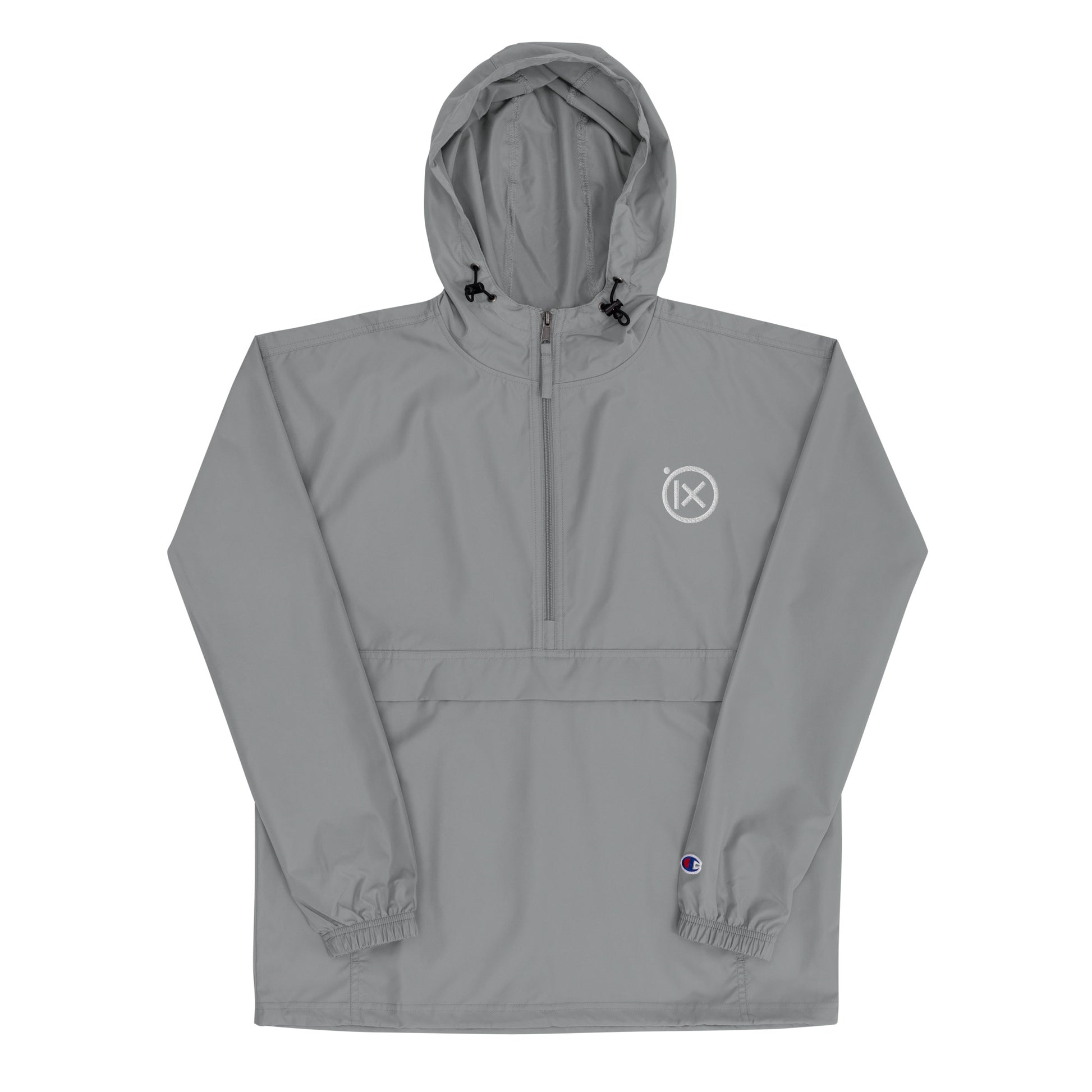 JEBO anorak windbreaker in gray with hood, front zipper, and logo patch