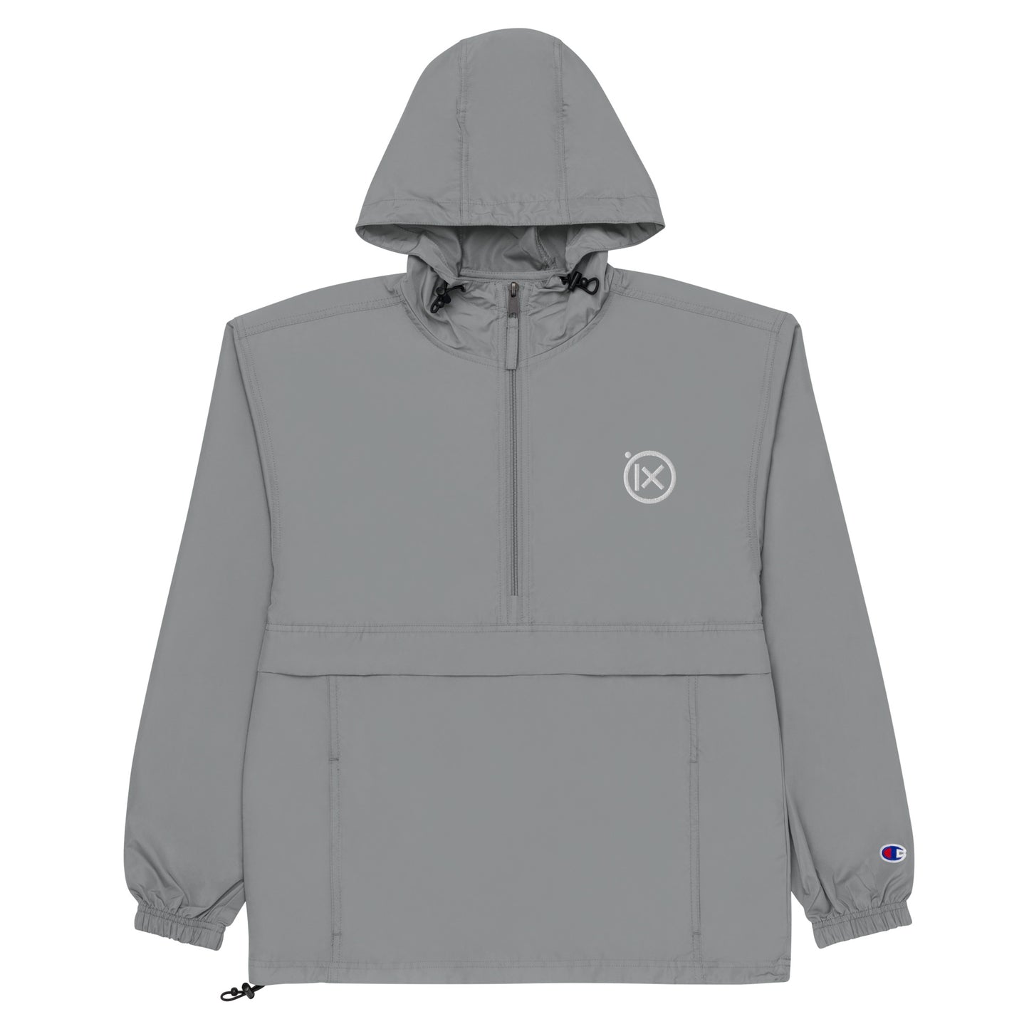 Hooded anorak windbreaker in gray with zip front and elastic cuffs