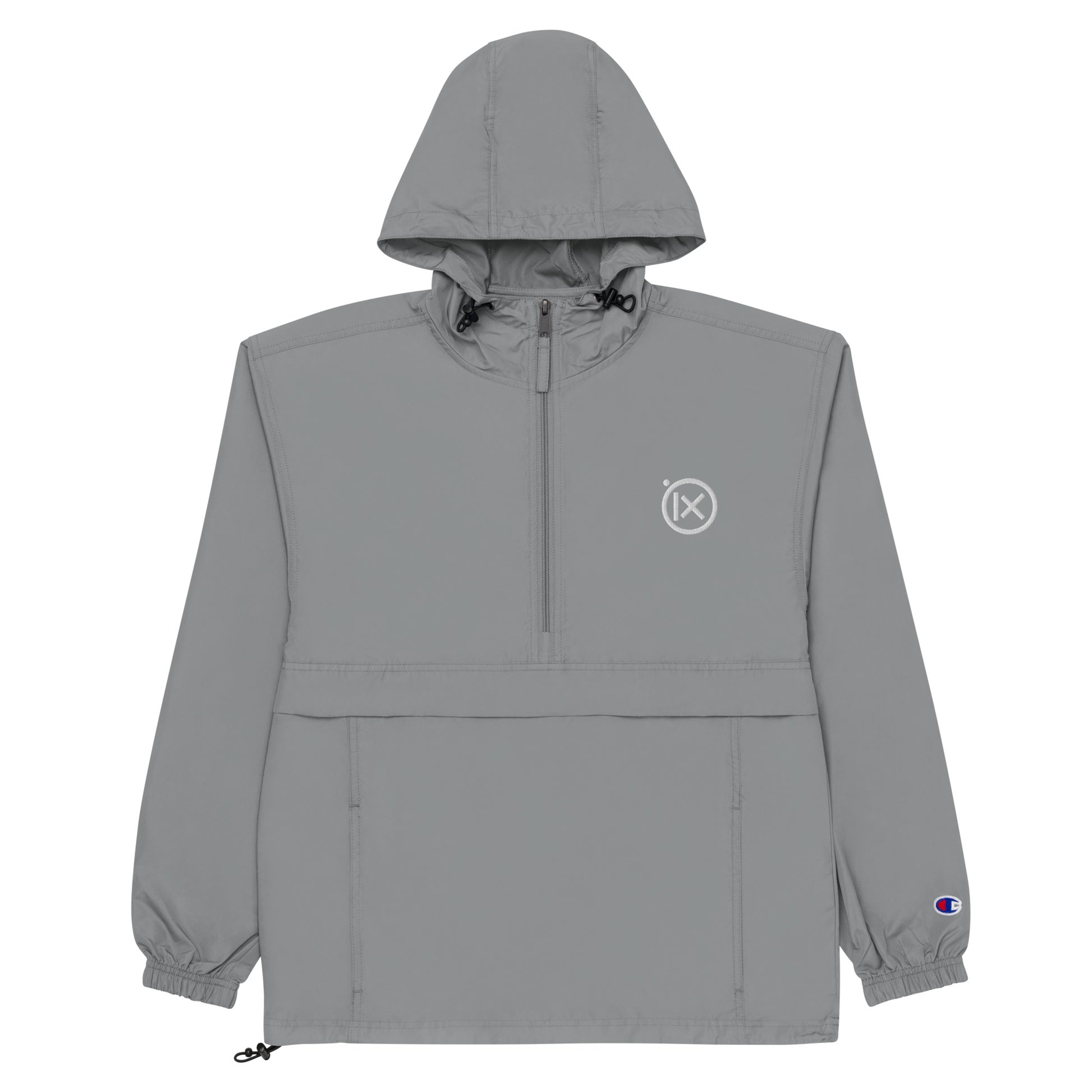 Hooded anorak windbreaker in gray with zip front and elastic cuffs