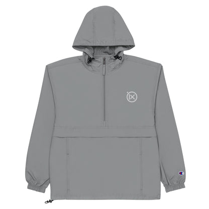 Hooded anorak windbreaker in gray with zip front and elastic cuffs