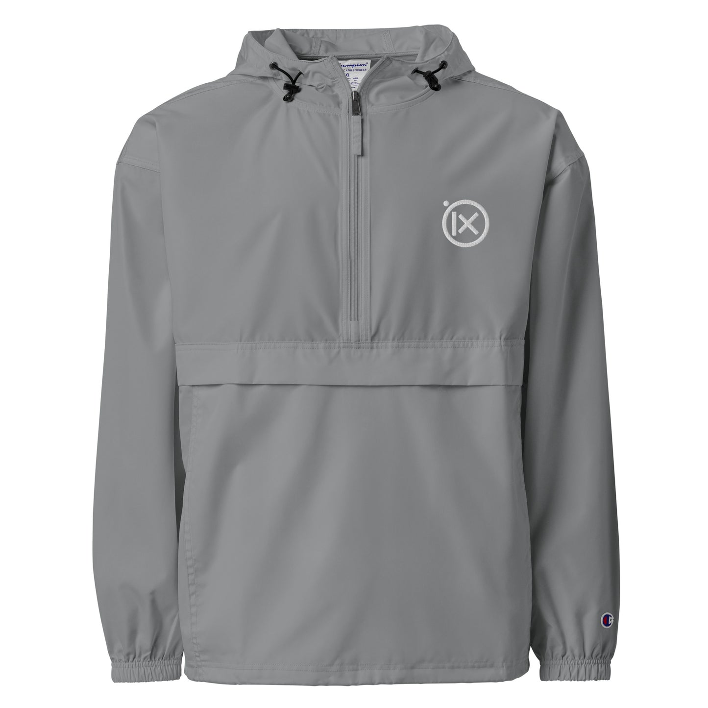 Graphite anorak windbreaker with hood, quarter-zip, and ix logo patch at chest.
