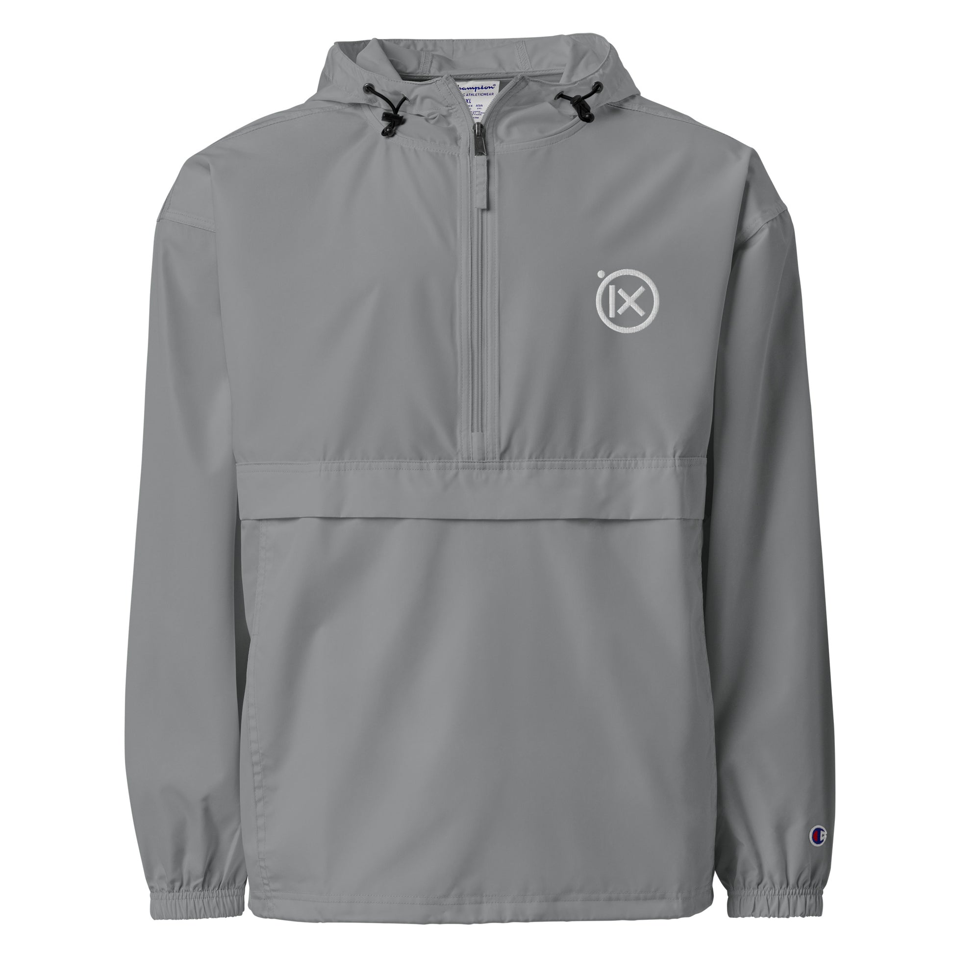 Graphite anorak windbreaker with hood, quarter-zip, and ix logo patch at chest.