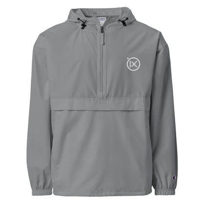 Graphite anorak windbreaker with hood, quarter-zip, and ix logo patch at chest.