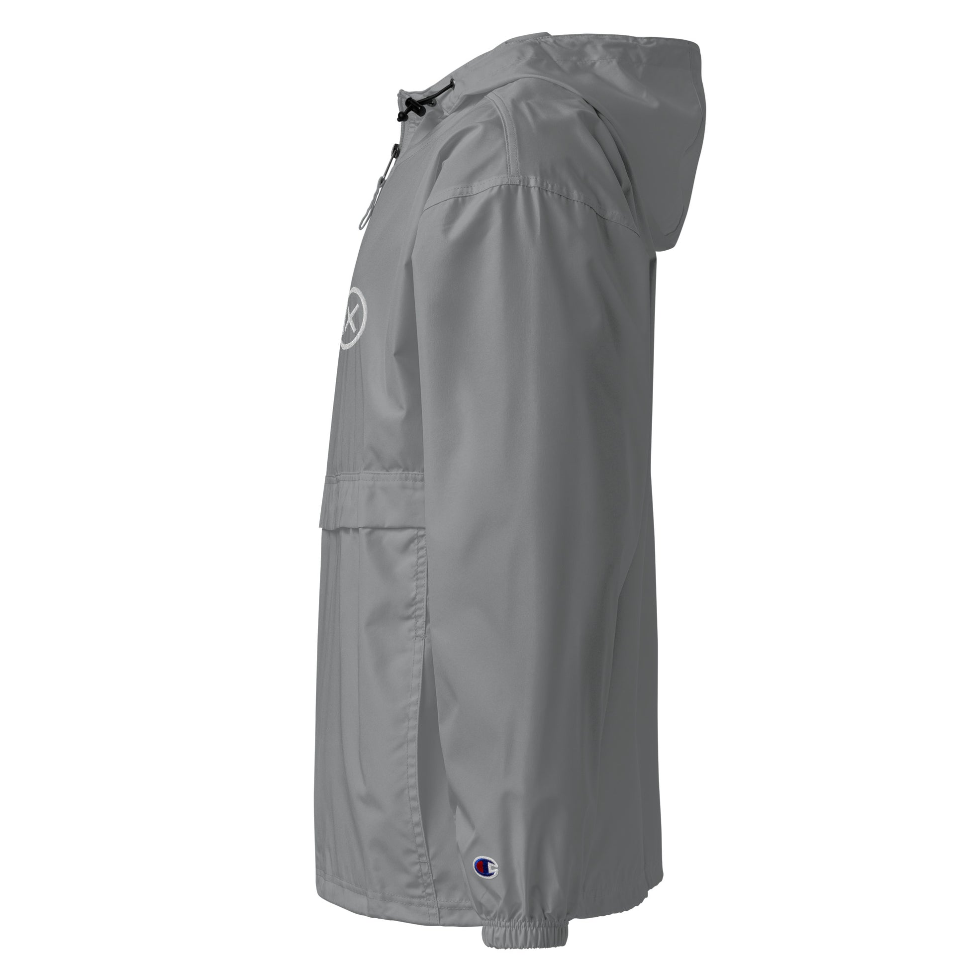 Grey anorak windbreaker with hood, half-zip front, and elastic hem cuffs