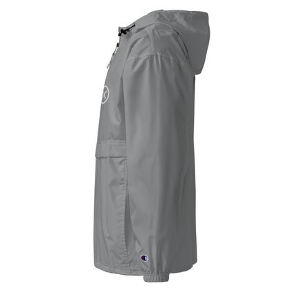Grey anorak windbreaker with hood, half-zip front, and elastic hem cuffs