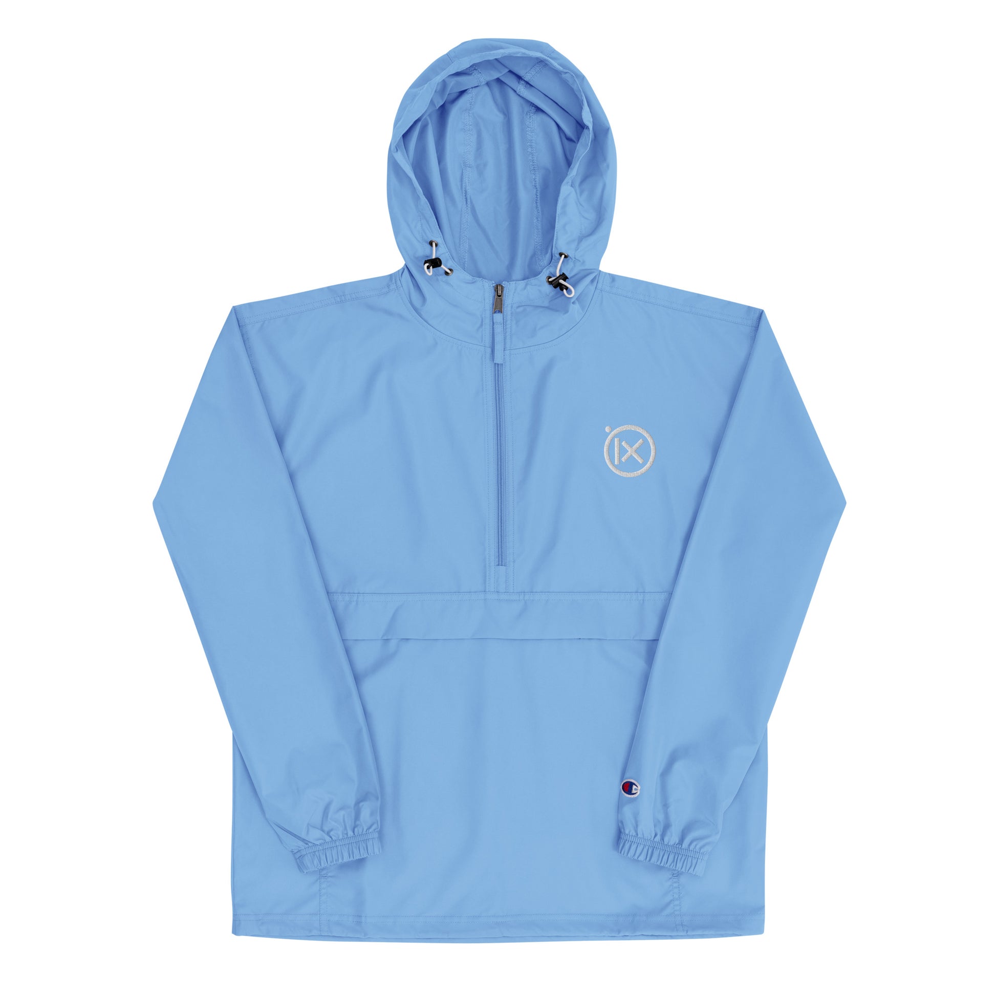 JEBO anorak windbreaker in light blue with hood, front zipper, and logo patch