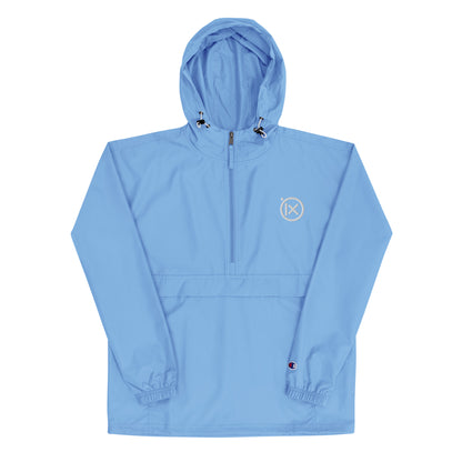 JEBO anorak windbreaker in light blue with hood, front zipper, and logo patch