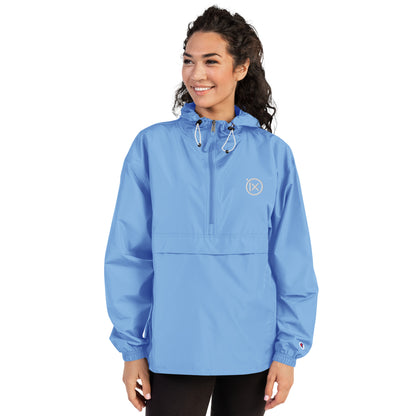 Light blue anorak windbreaker on model with hood drawstrings and half-zip front