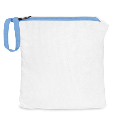 White anorak windbreaker with hood, front zipper, and side pocket pouch