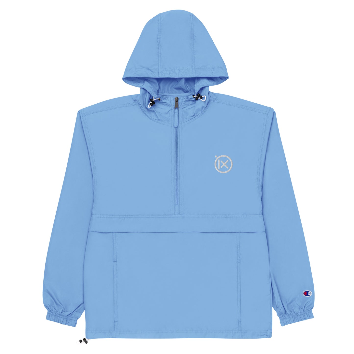 Hooded anorak windbreaker in light blue with zip front and adjustable hood