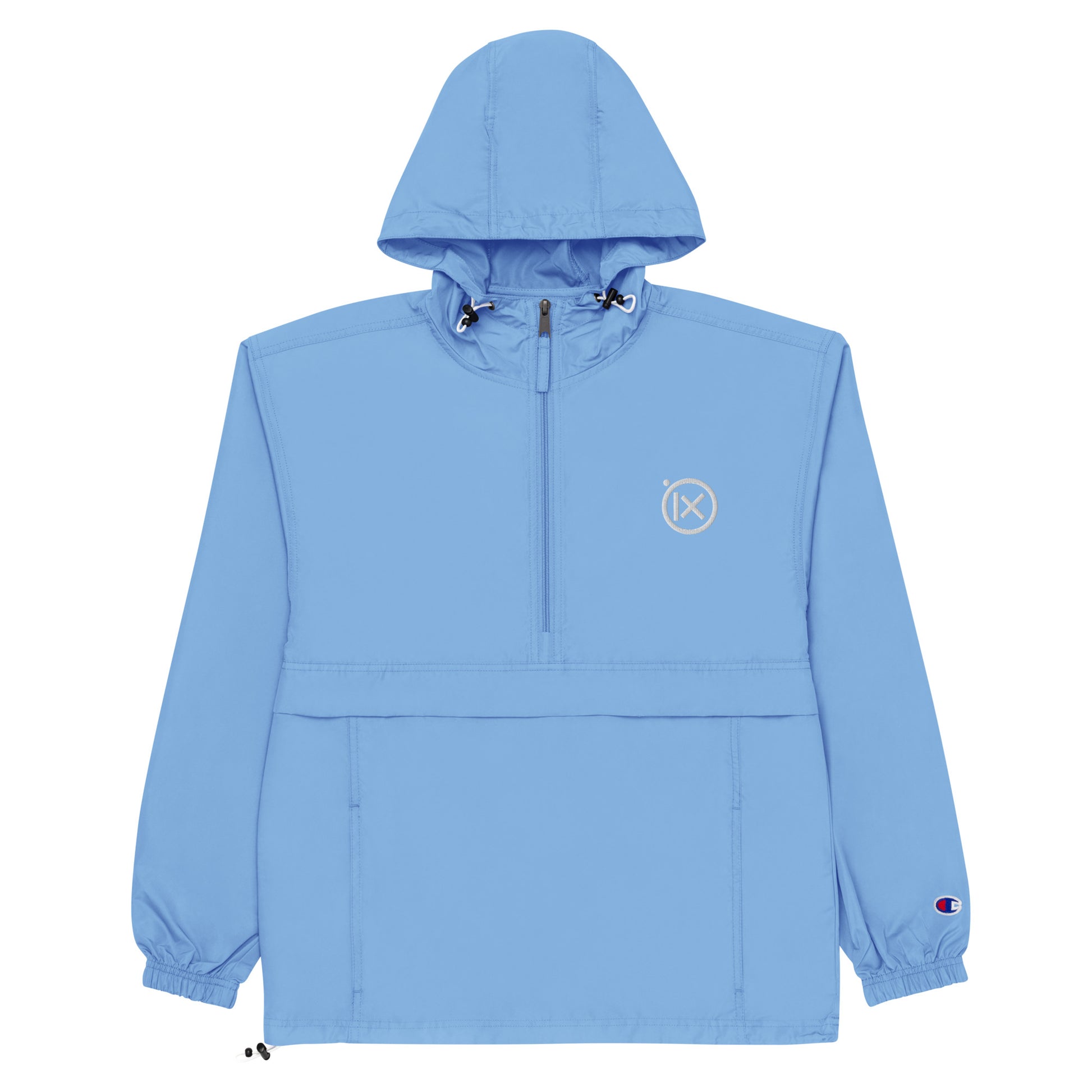 Hooded anorak windbreaker in light blue with zip front and adjustable hood