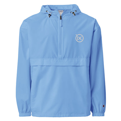Light blue anorak windbreaker with hood, quarter-zip, and ix logo patch at chest.