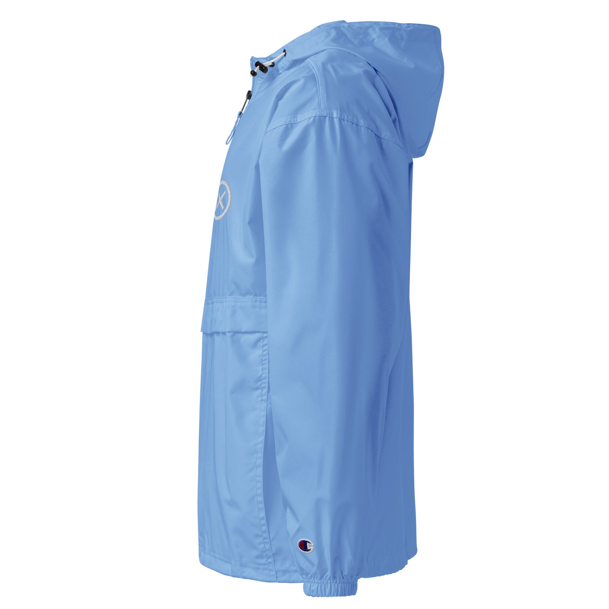 Light blue anorak windbreaker with hood and half-zip front, side profile
