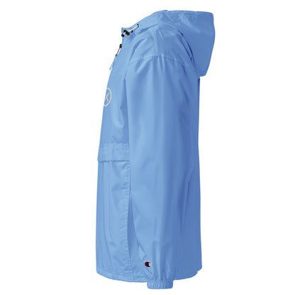 Light blue anorak windbreaker with hood and half-zip front, side profile