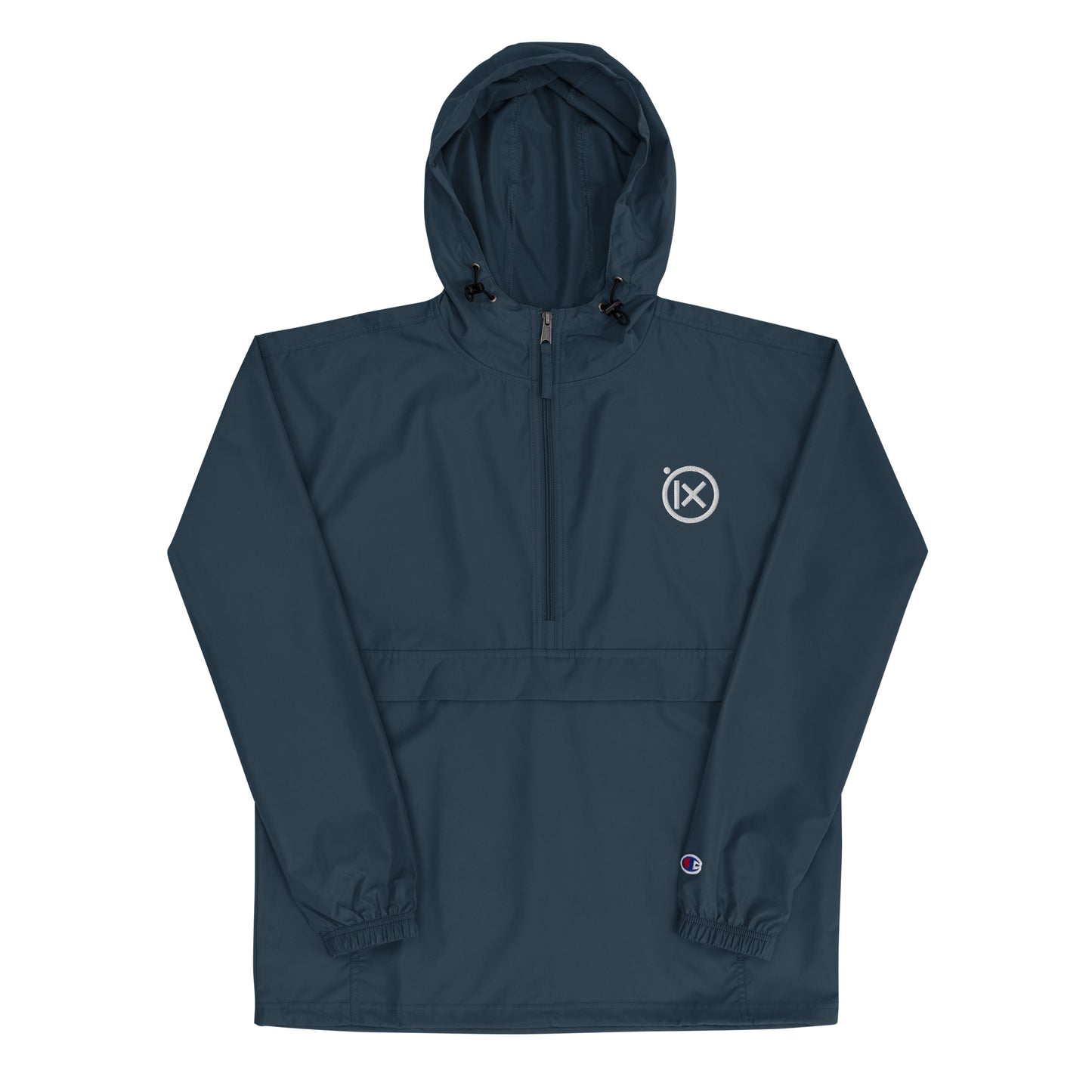 JEBO anorak windbreaker in navy blue with hood, front zipper, and logo patch