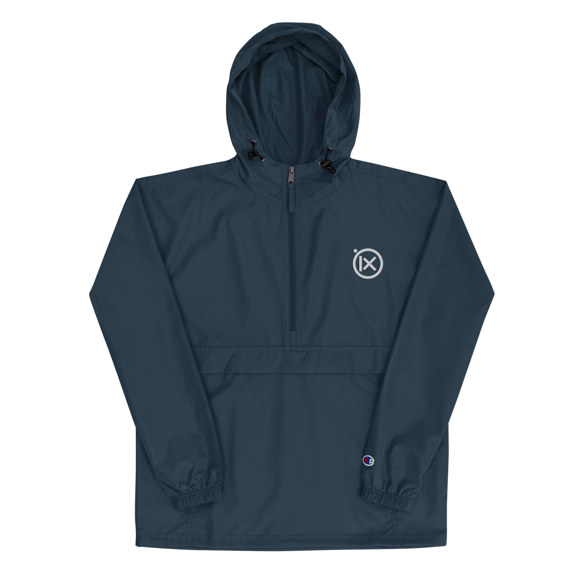 JEBO anorak windbreaker in navy blue with hood, front zipper, and logo patch