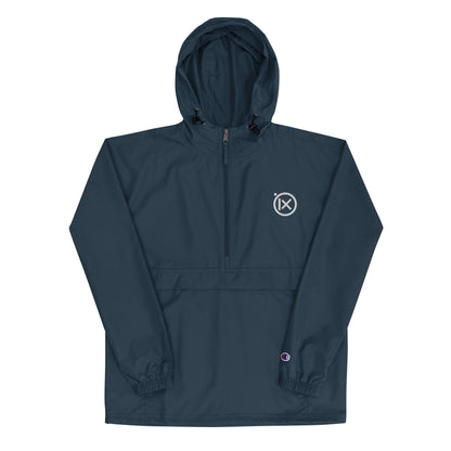 JEBO anorak windbreaker in navy blue with hood, front zipper, and logo patch