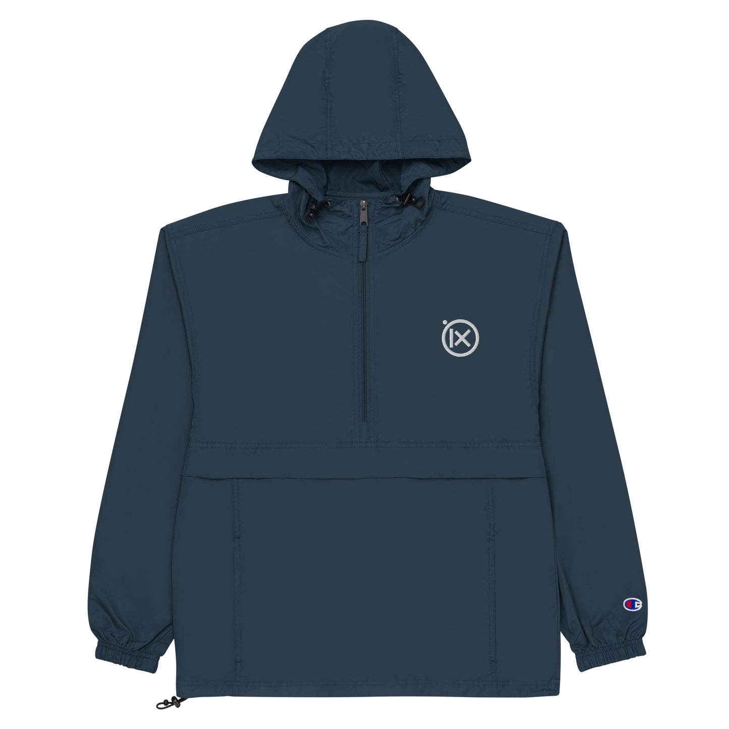 Hooded anorak windbreaker in navy blue with zip front and elastic cuffs