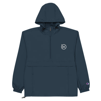 Hooded anorak windbreaker in navy blue with zip front and elastic cuffs