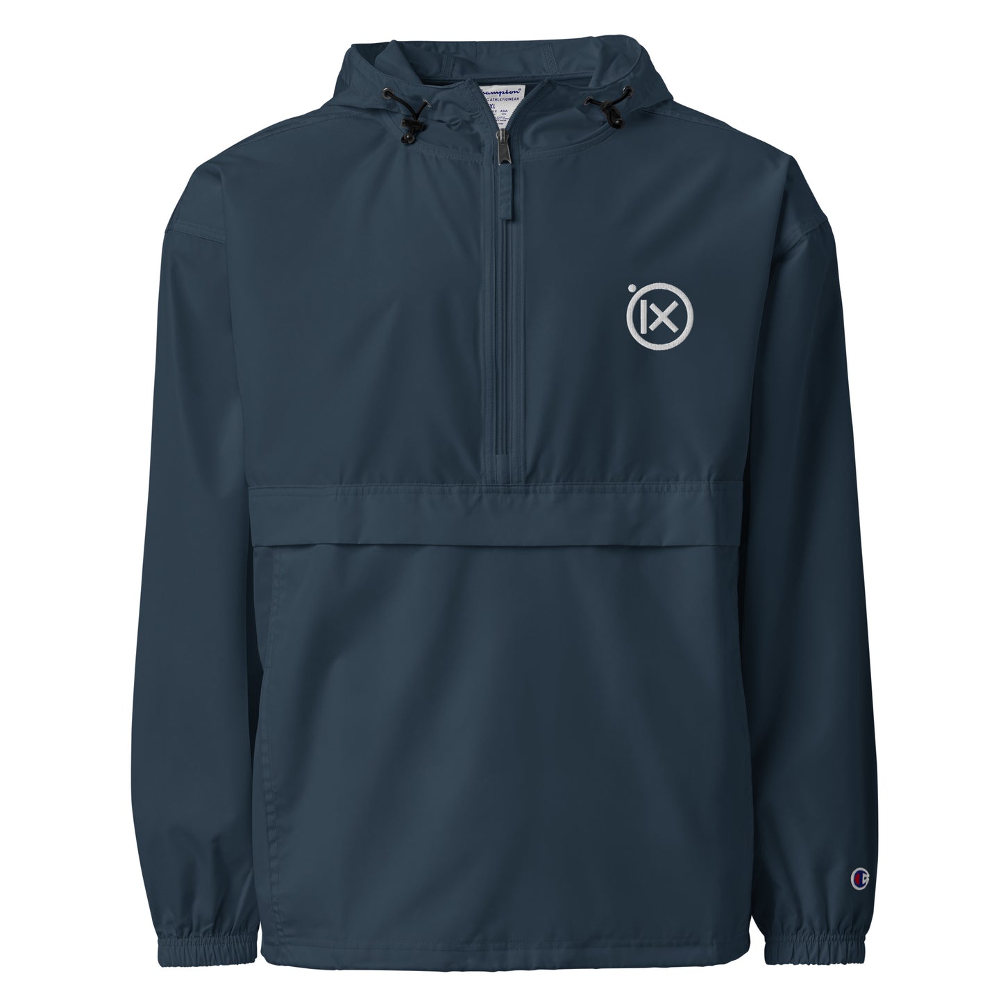 Navy anorak windbreaker with hood, quarter-zip, and ix logo patch at chest.