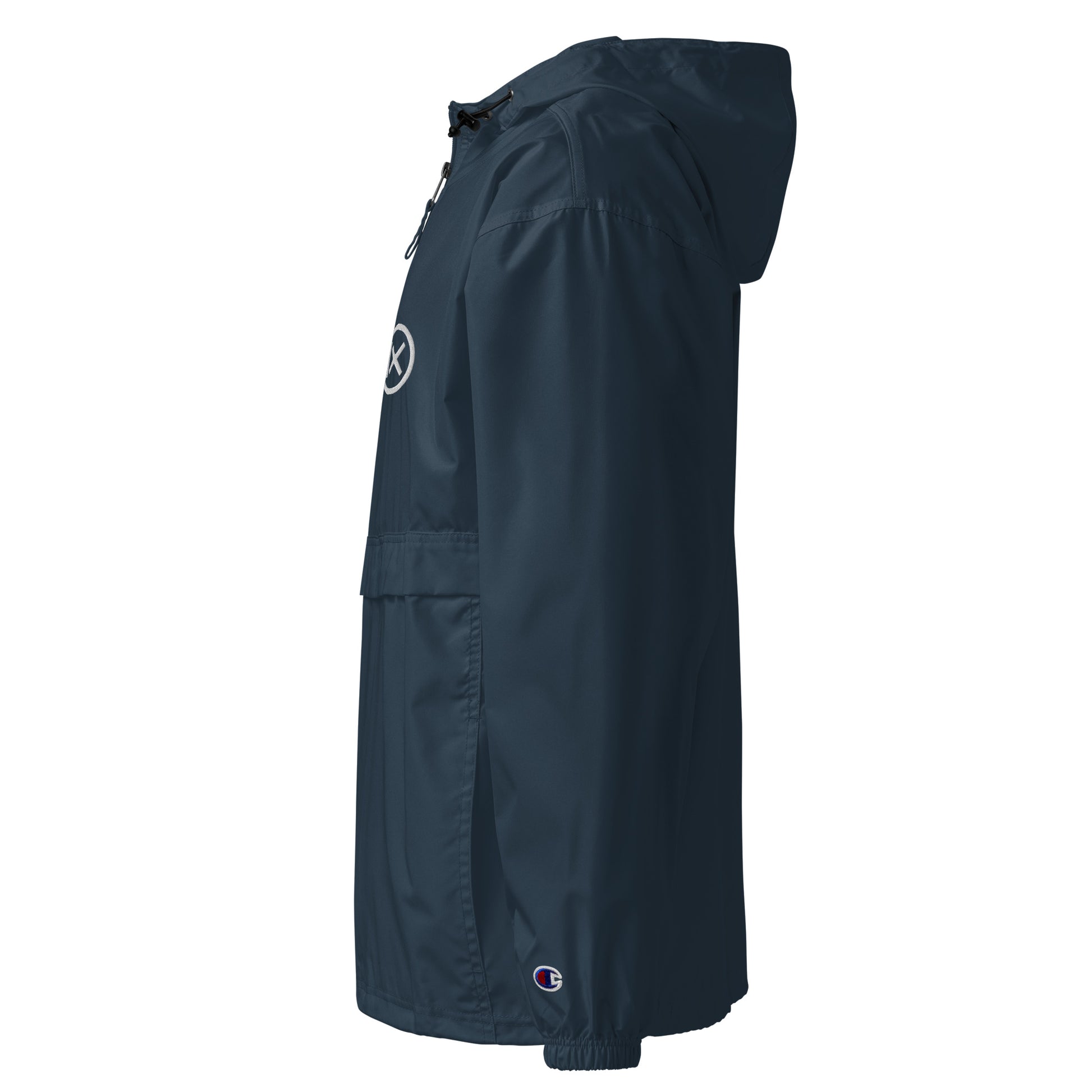 Navy anorak windbreaker shown from the side with hood and small sleeve logo.