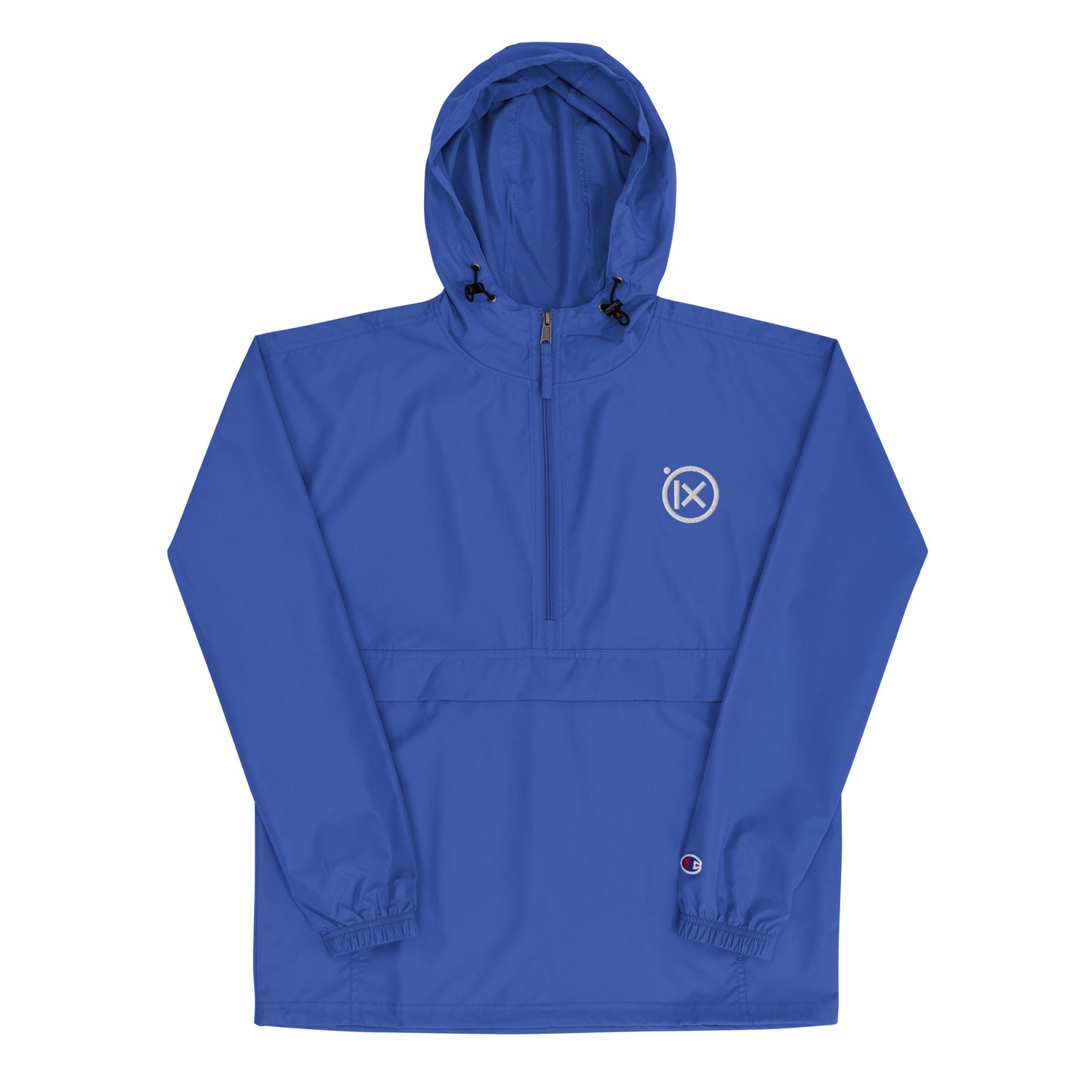 JEBO anorak windbreaker in royal blue with hood, front zipper, and logo patch