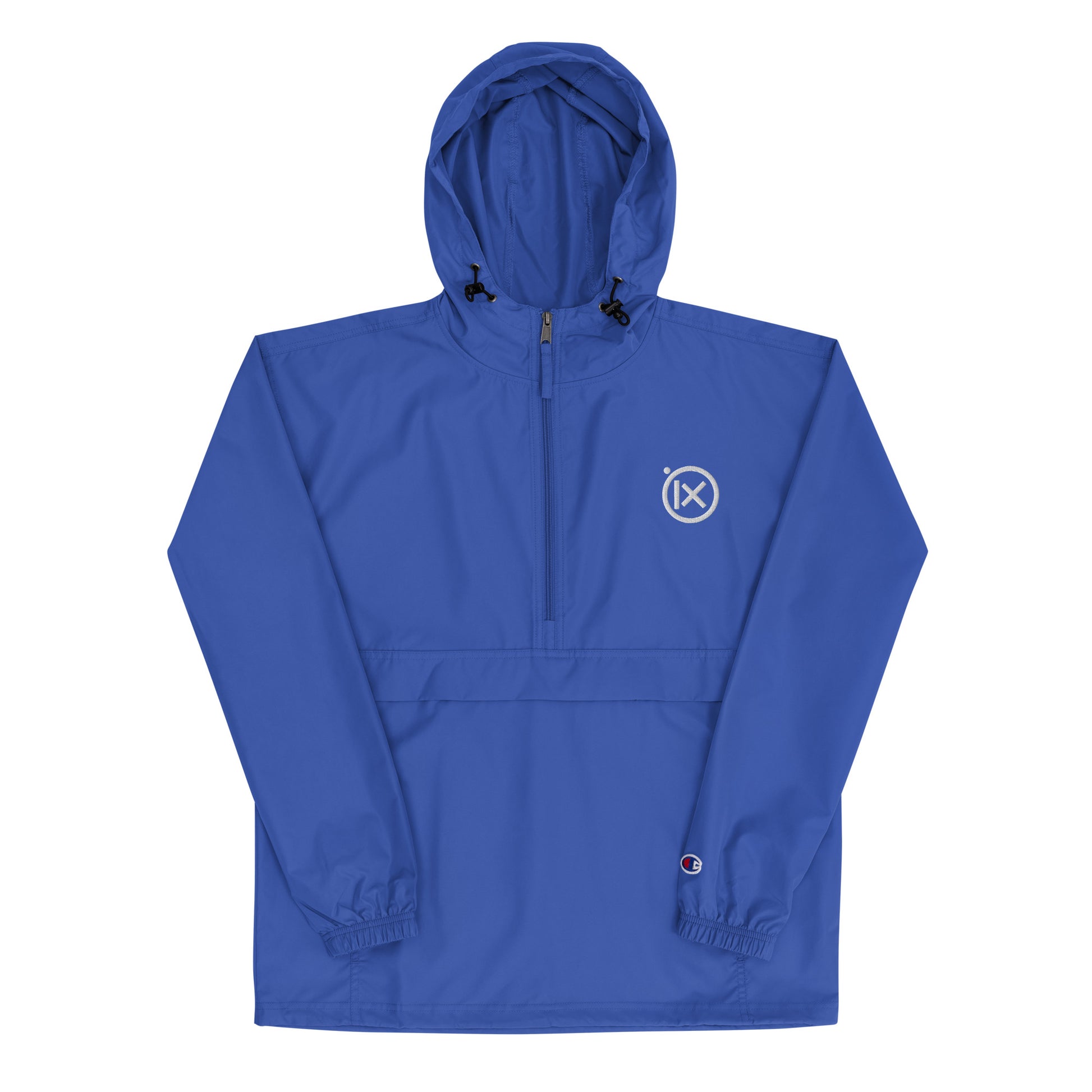 JEBO anorak windbreaker in royal blue with hood, front zipper, and logo patch