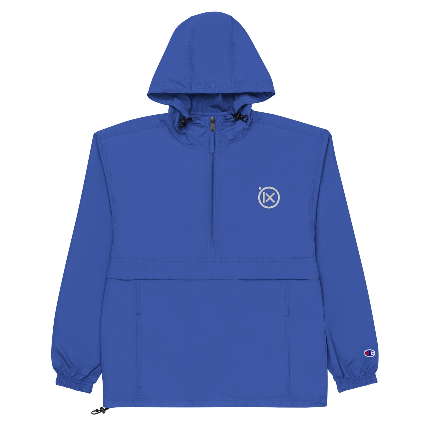 Hooded anorak windbreaker in royal blue with zip front and elastic cuffs