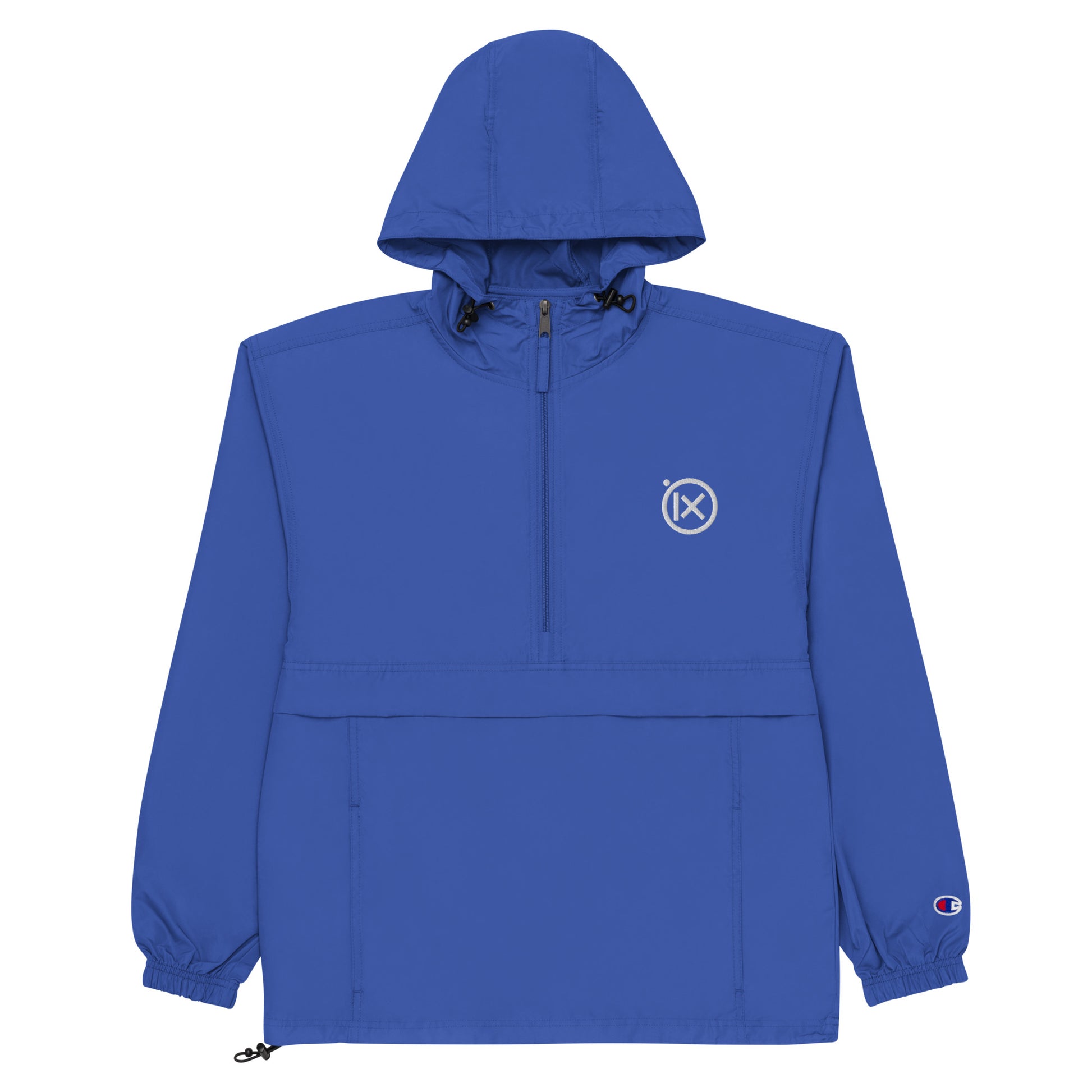 Hooded anorak windbreaker in royal blue with zip front and elastic cuffs